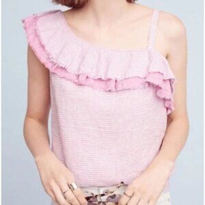 Anthropologie Holding Horses Top Womens Medium Pink Striped One Shoulder Linen